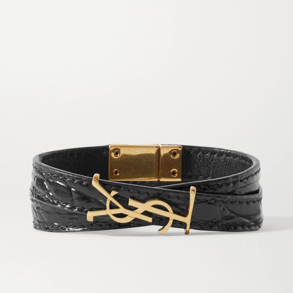 SAINT LAURENT 'YSL' Logo 'Opyum' Collection Croc Embossed Leather Bracelet - NEW - Picture 1 of 12